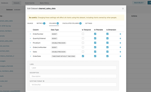 Superset Dashboards - Edit Dataset Window
